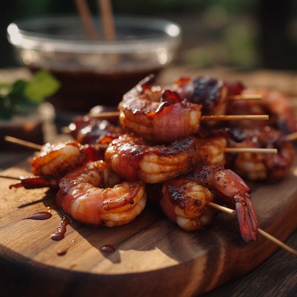 Maple bourbon bacon-wrapped shrimp